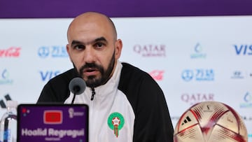 Morocco's coach Walid Regragui gives a press conference at the Qatar National Convention Center (QNCC) in Doha on December 16, 2022, on the eve of the Qatar 2022 World Cup third place football match between Croatia and Morocco. (Photo by KARIM JAAFAR / AFP)