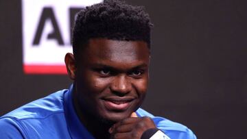 MINNEAPOLIS, MINNESOTA - APRIL 05: Zion Williamson of the Duke Blue Devils speaks during a press conference after being awarded the AP Player of the Year award prior to the 2019 NCAA men&#039;s Final Four at U.S. Bank Stadium on April 5, 2019 in Minneapolis, Minnesota.   Mike Lawrie/Getty Images/AFP
 == FOR NEWSPAPERS, INTERNET, TELCOS &amp; TELEVISION USE ONLY ==