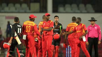 Zimbabwe&#039;s players celebrate after their victory in the ICC World T20 cricket tournament match with Hong Kong.