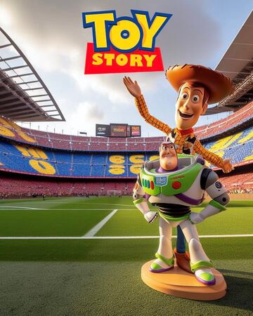 Los dos juguetes protagonistas Woody y Buzz Lightyear, pisando el césped del coliseo blaugrana.