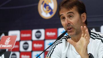 GRAF3053. MADRID, 31/08/2018.- El entrenador del Real Madrid, Julen Lopetegui, hoy, durante la rueda de prensa, previa al entrenamiento, dónde aseguró estar "satisfecho" con su plantilla, con la llegada de Mariano y la salida del d