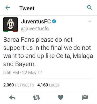 El falso tuit de la Juventus pensado para provocar a Barcelona