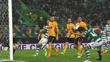 Sporting's Colombian forward Fredy Montero heads the ball and scores a goal during the UEFA Europa League quarter-final second leg football match between Sporting CP and Club Atletico de Madrid at the Jose Alvalade stadium in Lisbon on April 12, 2018