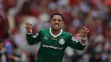 Soccer Football - Brasileiro Championship - Flamengo v Palmeiras - Estadio Maracana, Rio de Janeiro, Brazil - October 19, 2025 Palmeiras' Vitor Roque celebrates scoring their first goal REUTERS/Ricardo Moraes