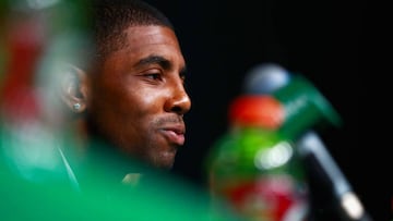 BOSTON, MA - SEPTEMBER 01: Kyrie Irving #11 of the Boston Celtics during the press conference at TD Garden on September 1, 2017 in Boston, Massachusetts.   Omar Rawlings/Getty Images/AFP
 == FOR NEWSPAPERS, INTERNET, TELCOS &amp; TELEVISION USE ONLY ==