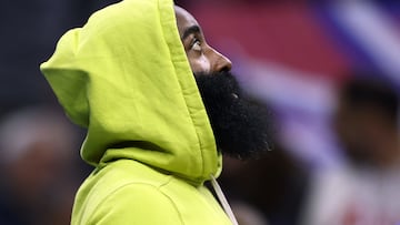 PHILADELPHIA, PENNSYLVANIA - OCTOBER 29: James Harden #1 of the Philadelphia 76ers looks on during the third quarter against the Portland Trail Blazers at Wells Fargo Center on October 29, 2023 in Philadelphia, Pennsylvania. NOTE TO USER: User expressly acknowledges and agrees that, by downloading and or using this photograph, User is consenting to the terms and conditions of the Getty Images License Agreement.   Tim Nwachukwu/Getty Images/AFP (Photo by Tim Nwachukwu / GETTY IMAGES NORTH AMERICA / Getty Images via AFP)