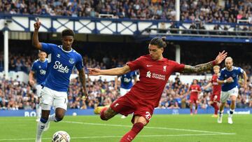 LIVERPOOL, ENGLAND - SEPTEMBER 03: ( THE SUN OUT,THE SUN ON SUNDAY OUT) Darwin Nunez of Liverpool with Everton's Damari Gray during the Premier League match between Everton FC and Liverpool FC at Goodison Park on September 03, 2022 in Liverpool, England. (Photo by Andrew Powell/Liverpool FC via Getty Images)