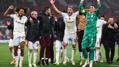 Galatasaray players celebrate after the UEFA Champions league group A football match between Manchester United and Galatasaray at Old Trafford stadium in Manchester, north west England, on October 3, 2023. Galatasaray won the match 3-2. (Photo by Darren Staples / AFP)