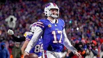 ORCHARD PARK, NEW YORK - JANUARY 15: Josh Allen #17 of the Buffalo Bills celebrates his 52-yard touchdown against the Pittsburgh Steelers during the second quarter at Highmark Stadium on January 15, 2024 in Orchard Park, New York.   Timothy T Ludwig/Getty Images/AFP (Photo by Timothy T Ludwig / GETTY IMAGES NORTH AMERICA / Getty Images via AFP)