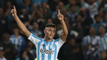 Argentina's Racing Carlos Alcaraz celebrates after scoring a goal against Brazil's Cuiaba during their Copa Sudamericana group stage first leg football match at the Presidente Juan Domingo Peron stadium in Buenos Aires, on April 13, 2022. (Photo by ALEJANDRO PAGNI / AFP) (Photo by ALEJANDRO PAGNI/AFP via Getty Images)
