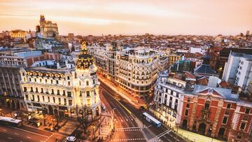 Aerial view of Gran Via in Madrid at dusk from Circulo de Bellas artes. Spain