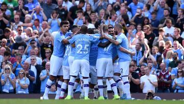 Riyad Mahrez celebrates with City team mates in today&#039;s meeting with Watford.