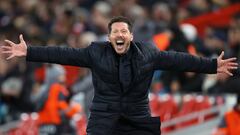 LIVERPOOL, ENGLAND - MARCH 11:  Diego Simeone, Manager of Atletico Madrid celebrates his sides second goal during the UEFA Champions League round of 16 second leg match between Liverpool FC and Atletico Madrid at Anfield on March 11, 2020 in Liverpool, Un