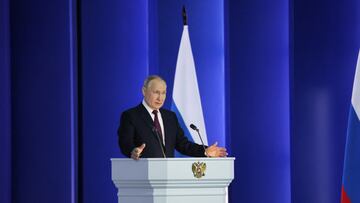 Russian President Vladimir Putin delivers his annual address to the Federal Assembly in Moscow, Russia February 21, 2023. Sputnik/Sergei Savostyanov/Pool via REUTERS ATTENTION EDITORS - THIS IMAGE WAS PROVIDED BY A THIRD PARTY.