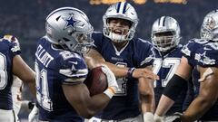 Nov 24, 2016; Arlington, TX, USA; Dallas Cowboys running back Ezekiel Elliott (21) and quarterback Dak Prescott (4) celebrate Elliott&#039;s touchdown against the Washington Redskins during the second half at AT&amp;T Stadium. The Cowboys defeat the Redskins 31-26. Mandatory Credit: Jerome Miron-USA TODAY Sports