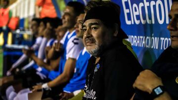 Argentine legend Diego Maradona, coach of Mexican second-division club Dorados, looks on during a football match against Venados de Merida, in Culiacan, Sinaloa State, Mexico, on April 5, 2019. (Photo by RASHIDE FRIAS / AFP)