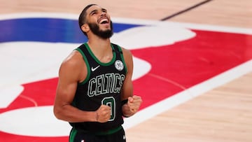 Sep 11, 2020; Lake Buena Vista, Florida, USA; Boston Celtics forward Jayson Tatum (0) celebrates after defeating the Toronto Raptors in game seven of the second round of the 2020 NBA Playoffs at ESPN Wide World of Sports Complex. Mandatory Credit: Kim Klement-USA TODAY Sports