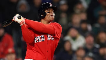 BOSTON, MASSACHUSETTS - MAY 04: Rafael Devers #11 of the Boston Red Sox hits a two run home run against the Toronto Blue Jays during the eighth inning at Fenway Park on May 04, 2023 in Boston, Massachusetts.   Maddie Meyer/Getty Images/AFP (Photo by Maddie Meyer / GETTY IMAGES NORTH AMERICA / Getty Images via AFP)