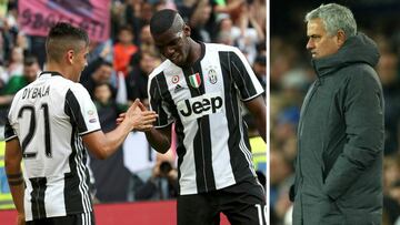 A la izquierda, Dybala y Pogba celebran un gol de la Juventus; a la derecha, Jos&eacute; Mourinho.