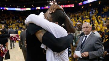 OAKLAND, CA - JUNE 13: LeBron James #23 of the Cleveland Cavaliers hugs teammate Kyrie Irving #2 after defeating the Golden State Warriors in Game 5 of the 2016 NBA Finals with a score of 112 to 97 at ORACLE Arena on June 13, 2016 in Oakland, California. NOTE TO USER: User expressly acknowledges and agrees that, by downloading and or using this photograph, User is consenting to the terms and conditions of the Getty Images License Agreement.   Ezra Shaw/Getty Images/AFP
 == FOR NEWSPAPERS, INTERNET, TELCOS &amp; TELEVISION USE ONLY ==