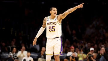 Oct 23, 2022; Los Angeles, California, USA;  Los Angeles Lakers forward Juan Toscano-Anderson (95) points during the third quarter against the Portland Trail Blazers at Crypto.com Arena. Mandatory Credit: Kiyoshi Mio-USA TODAY Sports