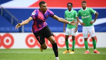 Paris Saint-Germain&#039;s French forward Kylian Mbappe celebrates after scoring a goal with a penalty kick during the French L1 football match between Paris-Saint Germain (PSG) and Saint-Etienne at the Parc des Princes Stadium, in Paris, on April 18, 202