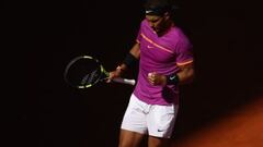 Rafael Nadal celebrates a point against Novak Djokovic on Day 8 of the Mutua Madrid Open at the Caja Mágica, Madrid.