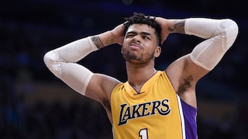 Mar 28, 2017; Los Angeles, CA, USA; Los Angeles Lakes guard D&#039;Angelo Russell (1) reacts during the fourth quarter against the Washington Wizards at Staples Center. The Wizards won 119-108. Mandatory Credit: Kelvin Kuo-USA TODAY Sports