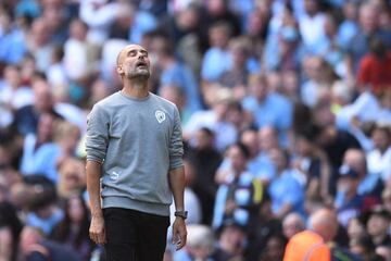 Manchester City's Spanish manager Pep Guardiola reacts after his team is denied a goal following a VAR review during the English Premier League football match between Manchester City and Southampton at the Etihad Stadium in Manchester,
