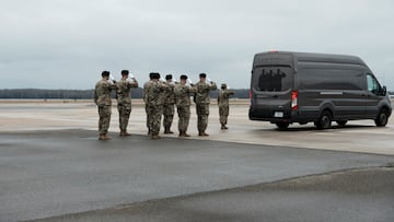 Members of the U.S. Honor Guard salute during the dignified transfer of the remains of Army Reserve Sergeants William Rivers, Kennedy Sanders and Breonna Moffett, three U.S. service members who were killed in Jordan during a drone attack carried out by Iran-backed militants, at Dover Air Force Base in Dover, Delaware, U.S., February 2, 2024.  REUTERS/Michael A. McCoy
