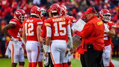 KANSAS CITY, MO - DECEMBER 9: Head coach Andy Reid of the Kansas City Chiefs talks to quarterback Patrick Mahomes #15 during a timeout in the second quarter of the game against the Baltimore Ravens at Arrowhead Stadium on December 9, 2018 in Kansas City, 