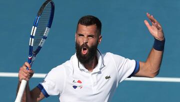 Benoit Paire reacciona tras su victoria ante Ugo Humbert en el Auckland Classic de 2020.