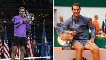 Rafa Nadal posa con los títulos de campeón del US Open y Roland Garros de 2019.