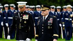 20th Chairman of the Joint Chiefs of Staff General Mark A. Milley reviews the troops, on the day of the Armed Forces Farewell Tribute in honor of General Milley and an Armed Forces Hail in honor of General Brown, at Summerall Field at Joint Base Myer-Henderson Hall, Arlington, Virginia, U.S., September 29, 2023. REUTERS/Evelyn Hockstein