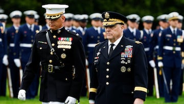 20th Chairman of the Joint Chiefs of Staff General Mark A. Milley reviews the troops, on the day of the Armed Forces Farewell Tribute in honor of General Milley and an Armed Forces Hail in honor of General Brown, at Summerall Field at Joint Base Myer-Henderson Hall, Arlington, Virginia, U.S., September 29, 2023. REUTERS/Evelyn Hockstein