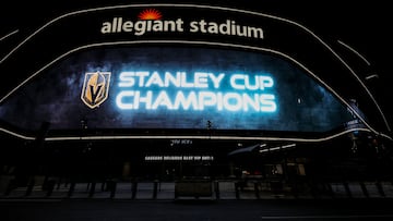 A video board at Allegiant Stadium, home of the Las Vegas Raiders, displays a congratulatory message for the Vegas Golden Knights