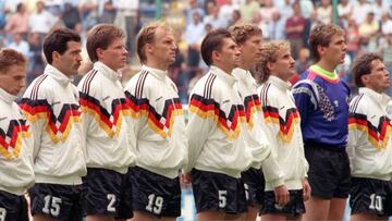 Line-up of the German national football team prior to the last group game against Colombia in Milan's Giuseppe-Meazza stadium during the 1990 FIFA World Cup in Italy: Jürgen Klinsmann, Thomas Berthold, Thomas HäÃler, Uwe Bein, Stefan Reuter, Hans Pflügler, Klaus Augenthaler, Guido Buchwald, Rudi Völler, Bodo Illgner, Lothar Matthäus. (Photo by Frank Leonhardt/picture alliance via Getty Images)