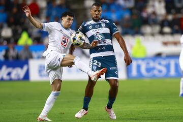 Jorge Sanchez (L) of Cruz Azul fights for the ball with Salomon Rondon (R) of Pachuca during the 10th round match between Pachuca and Cruz Azul as part of the Liga BBVA MX, Torneo Apertura 2024 at Hidalgo Stadium on September 28, 2024 in Pachuca, Hidalgo, Mexico.