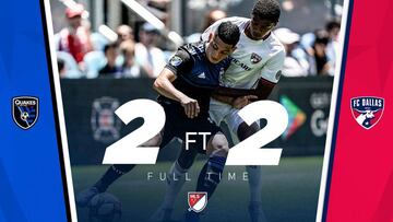 En un encuentro que incluy&oacute; un garrafal error del arquero Diego Vega, San Jos&eacute; Earthquakes y FC Dallas igualaron a dos tantos.