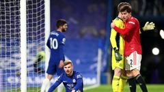 LONDON, ENGLAND - FEBRUARY 28: Timo Werner of Chelsea reacts after missing a chance as David De Gea of Manchester United congratulates team mate Victor Lindelof (R) during the Premier League match between Chelsea and Manchester United at Stamford Bridge o