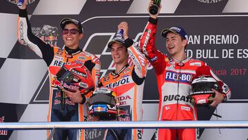 Márquez, Lorenzo y Pedrosa celebran el podio del GP de Jerez 2018.
