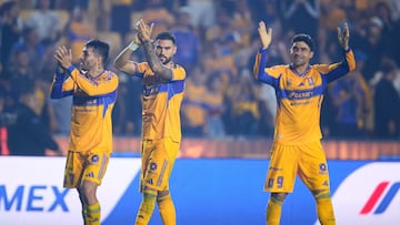 Angel Correa, Juan Sanchez Purata, Nicolas Ibanez of Tigres during the quarter-final second match between Tigres UANL and Tijuana as part of the Liga BBVA MX, Torneo Apertura 2025 at Universitario Stadium, on November 29, 2025 in Monterrey, Nuevo Leon, Mexico.