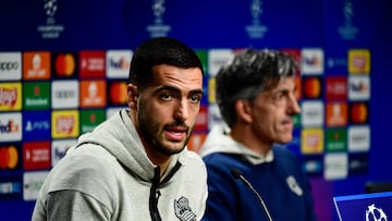 Real Sociedad's Spanish midfielder #8 Mikel Merino holds a press conference at the Anoeta stadium in San Sebastian on November 28, 2023 on the eve of the UEFA Champions League first round group D football match between Real Sociedad and FC Salzburg. (Photo by ANDER GILLENEA / AFP)