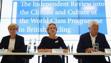 LONDON, ENGLAND - JUNE 14:  Cycling Independent Review Panel Chair Annamarie Phelps (C) talks with UK Sport CEO Liz Nicholl (L) and British Cycling Chair Jonathan Browning during a press briefing for the publication of an independent review into the cultu