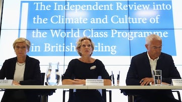 LONDON, ENGLAND - JUNE 14:  Cycling Independent Review Panel Chair Annamarie Phelps (C) talks with UK Sport CEO Liz Nicholl (L) and British Cycling Chair Jonathan Browning during a press briefing for the publication of an independent review into the cultu