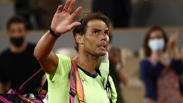 Paris (France), 11/06/2021.- Rafael Nadal of Spain reacts after losing against Novak Djokovic of Serbia during their semi final match at the French Open tennis tournament at Roland Garros in Paris, France, 11 June 2021. (Tenis, Abierto, Francia, Espa&ntilde;a) EFE/EPA/YOAN VALAT