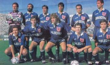 Una de las formaciones de la U 1994: Arriba, de izquierda a derecha, Sergio Bernabé Vargas, Rogelio Delgado, Fabián Guevara, Cristián Castañeda, Luis Musrri y Luis Abarca. Abajo, Patricio Mardones, Marcelo Jara, Raúl Aredes, Marcelo Salas y Esteban Valencia.