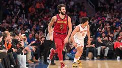 Nov 7, 2021; New York, New York, USA; Cleveland Cavaliers guard Ricky Rubio (3) celebrates after scoring a three-pointer against the New York Knicks during the fourth quarter at Madison Square Garden. Mandatory Credit: Dennis Schneidler-USA TODAY Sports