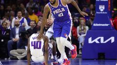 PHILADELPHIA, PENNSYLVANIA - DECEMBER 13: Joel Embiid #21 of the Philadelphia 76ers reacts during the fourth quarter against the Sacramento Kings at Wells Fargo Center on December 13, 2022 in Philadelphia, Pennsylvania. NOTE TO USER: User expressly acknowledges and agrees that, by downloading and or using this photograph, User is consenting to the terms and conditions of the Getty Images License Agreement.   Tim Nwachukwu/Getty Images/AFP (Photo by Tim Nwachukwu / GETTY IMAGES NORTH AMERICA / Getty Images via AFP)