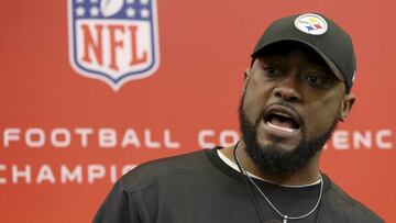 Pittsburgh Steelers head coach Mike Tomlin talks with reporters after their NFL football practice, Wednesday, Jan. 18, 2017, in Pittsburgh. The Steelers face the New England Patriots in the AFC conference championship on Sunday. (AP Photo/Keith Srakocic)